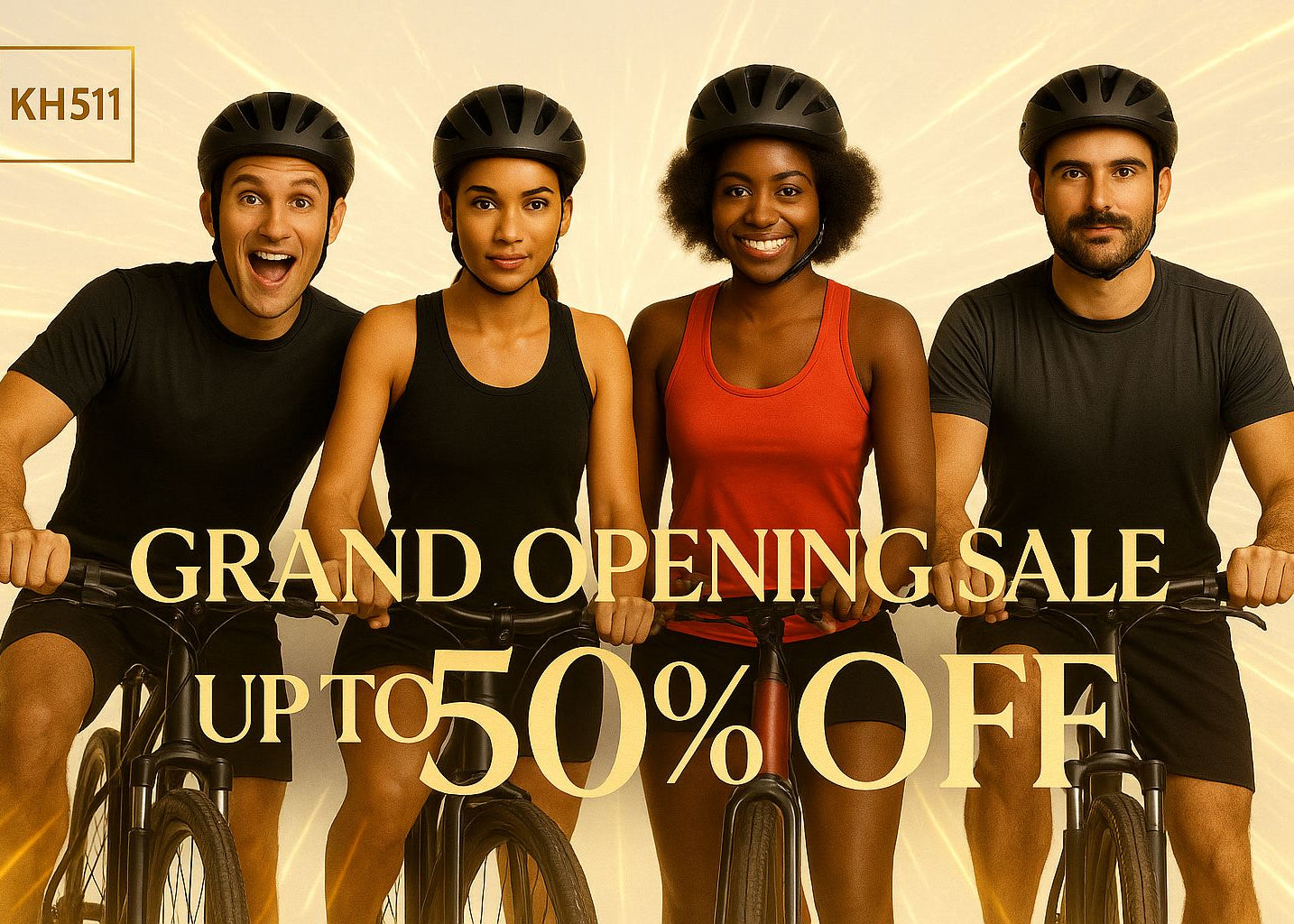 Four people on bicycles with promotional text for a grand opening sale.